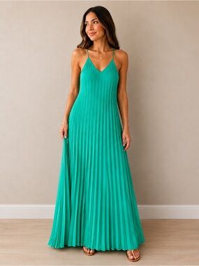She + Sky Teal Green Pleated Spaghetti Strap Maxi Dress